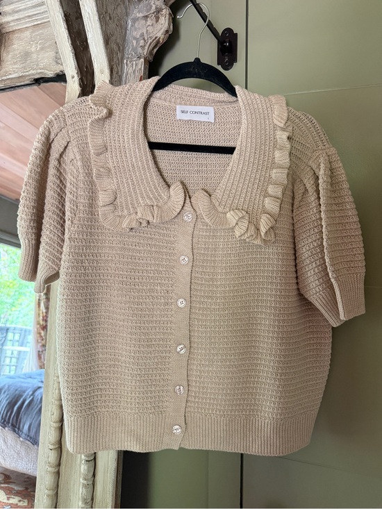 Self Contrast Sweaters - Self Contrast Cream Ruffle-Collar Short Sleeve Cardigan
